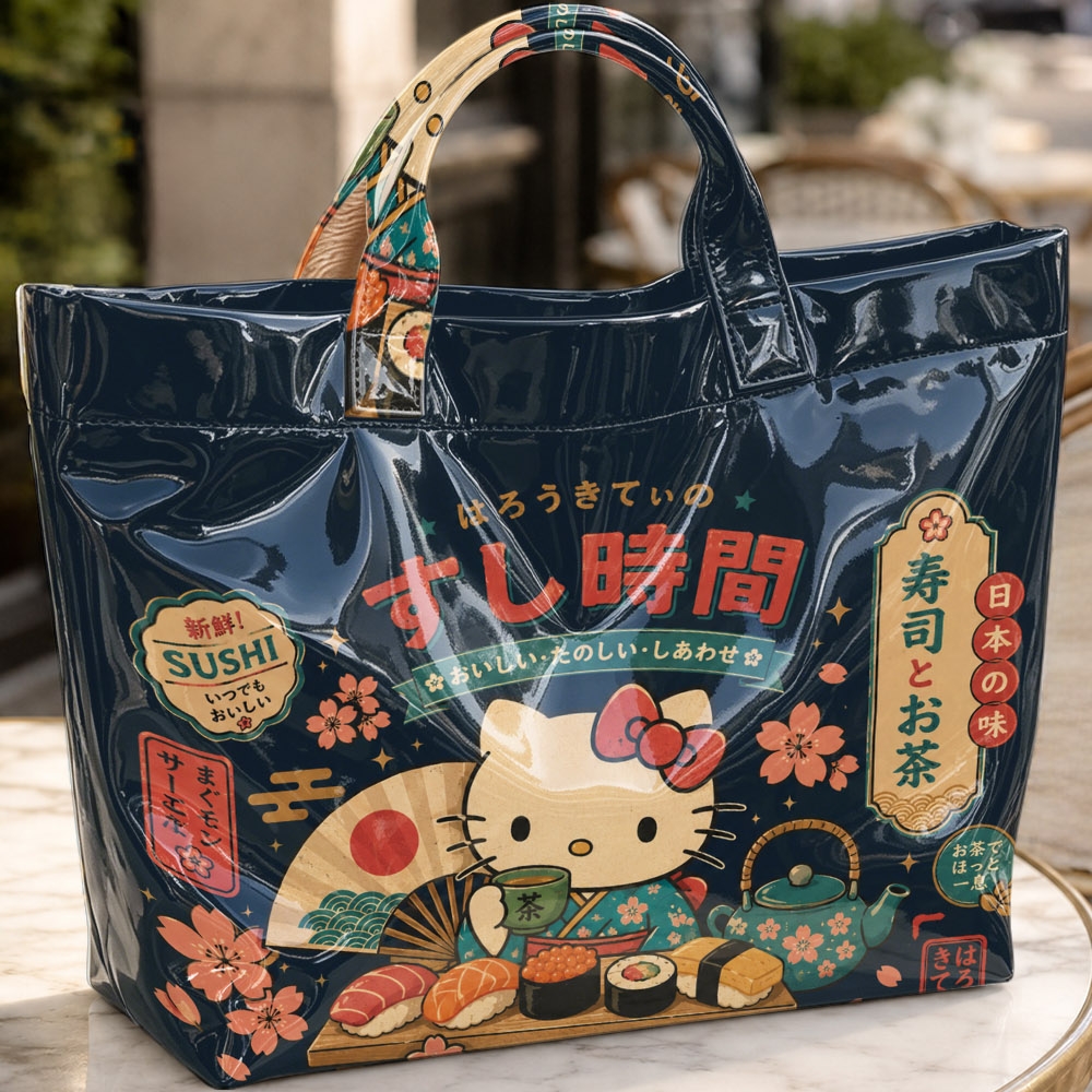 TEMU Hello Kitty Japanese-style Sushi And Cherry Teapot Print Navy Blue Glossy Tote Bag-a Spacious Lunch Bag And Handbag Perfect For Japanese-style ,
