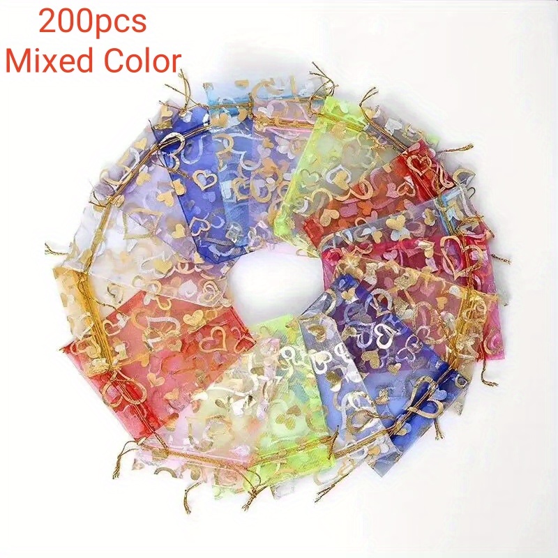 TEMU 200pcs Vibrant Organza Drawstring Bags, 3.54x4.72" - Multicolor Candy & Jewelry Pouches With Decorative Ties For Earrings, Makeup, And Small