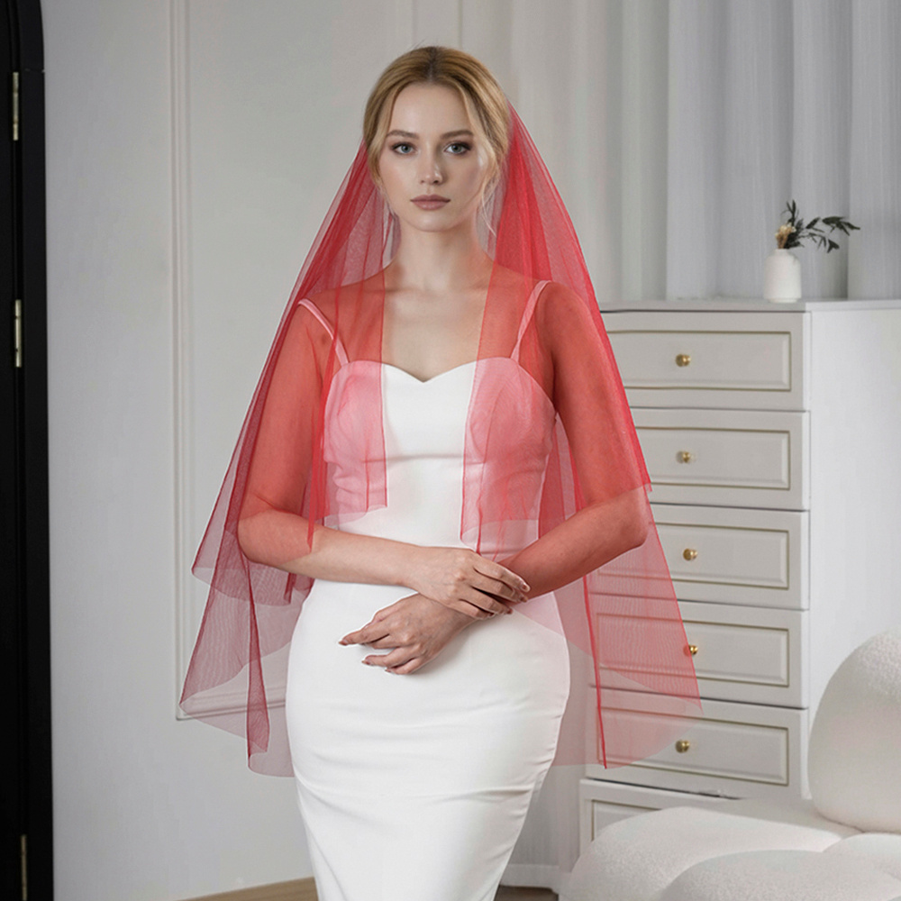 double layer short bridal wedding veil red simple - Temu Oman