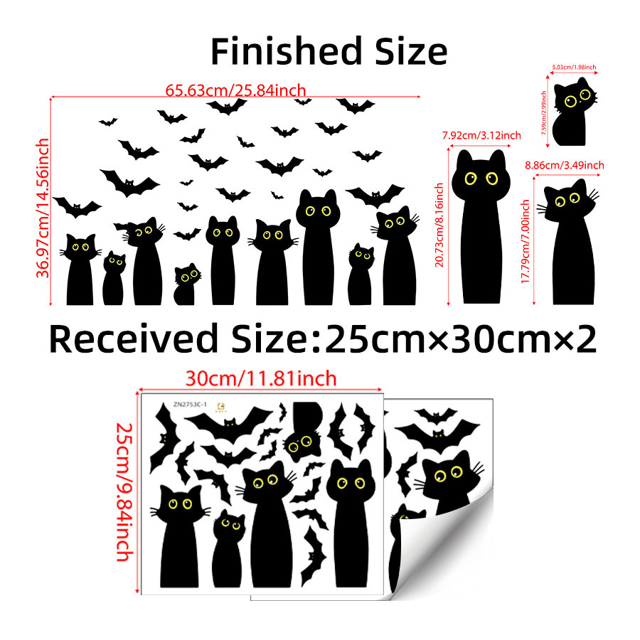 TEMU 2pcs Halloween Window Clings Black Cat Bat Silhouette Window Decals Self-adhesive Glass Stickers For Home Indoor Halloween Party Decoration