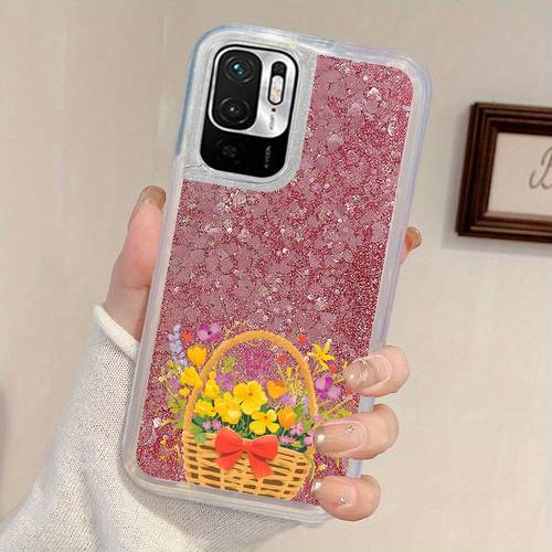a protective case featuring a flower basket design with sequins and quicksand effects suitable for redmi note