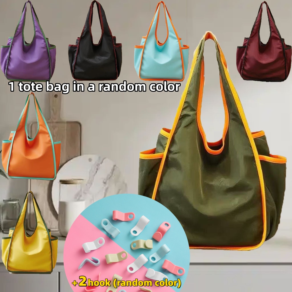 TEMU Foldable Shopping Bag, Portable And Bag, Large Shopping Bag, Large-capacity Bag [3pcs Set: Hanger Hook *2 + Tote Bag *1] (random Color)
