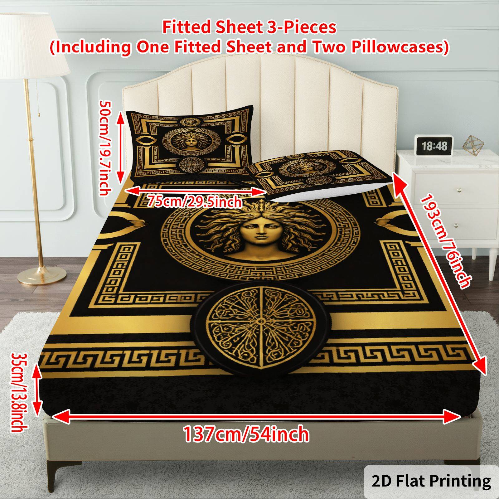 TEMU 3pcs Classic Luxury Golden Pattern Fitted Sheet 3pcs Set (1*fitted Sheet 2*pillowcases, ), Festive Theme, Elegant Luxury Bedding, Mattress