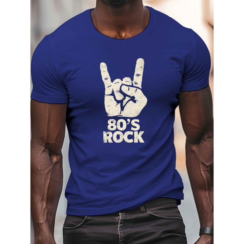 

Men's Retro 80s Rock Gesture Print T-shirt - Casual Crew Neck, Short Sleeve, Lightweight & Comfy For Summer