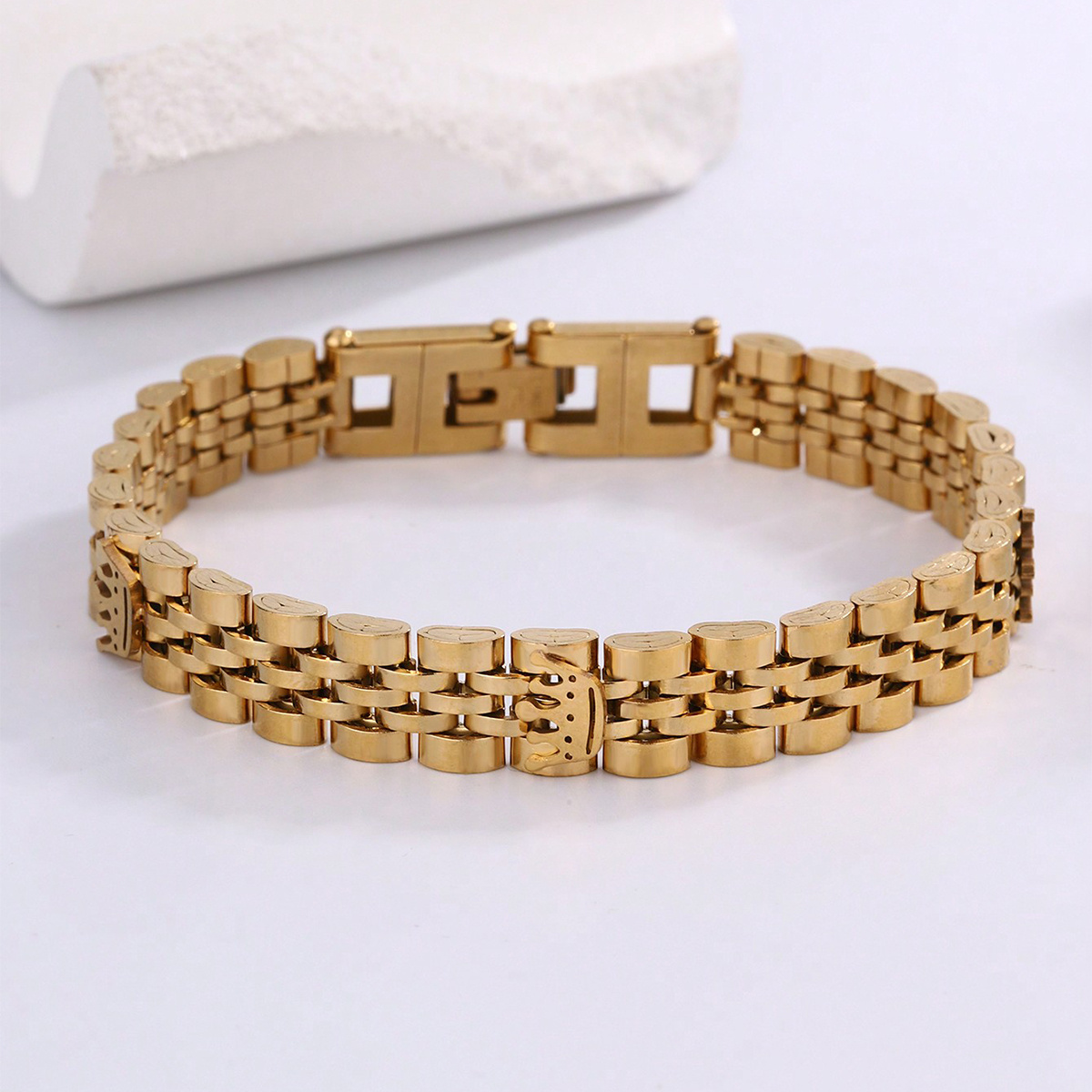 TEMU 1pc Full Golden 316l 316l Stainless Steel 5-bead Bracelet Element Fashion Men's Bracelet Style Suitable For Family Gatherings Daily Outing Wear