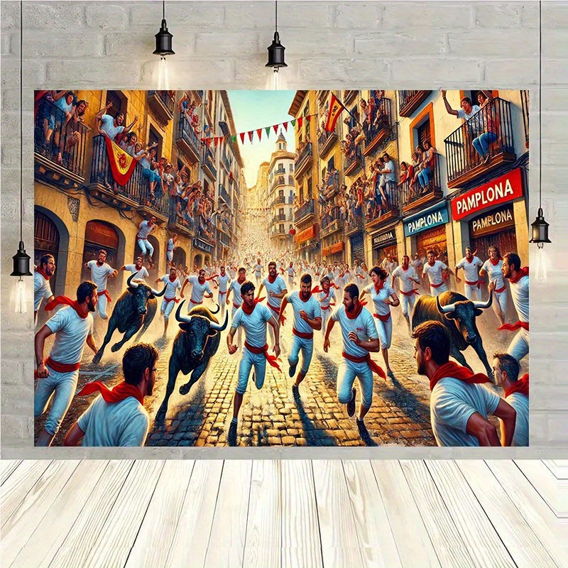TEMU 1 pièce Toile de Fond Festival de Tauromachie Espagnole - Polyester Durable avec Colorés et Sombreros, Pas d'Électricité pour Décoration Maison,