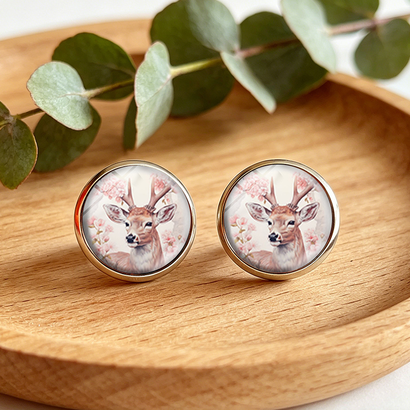 TEMU 1 Pair Watercolor Deer With Cherry Blossoms Round Glass Dome Earrings Fashion Handmade Unisex Jewelry Accessory, Without Battery