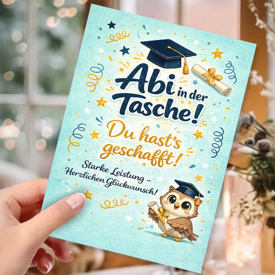E-shop 1 Grußkarte und 1 Umschlag für die Abschlussfeier – Mit einer niedlichen Eule mit , Mütze und Konfetti unter dem Thema 'Abi in der Tasche'. zum