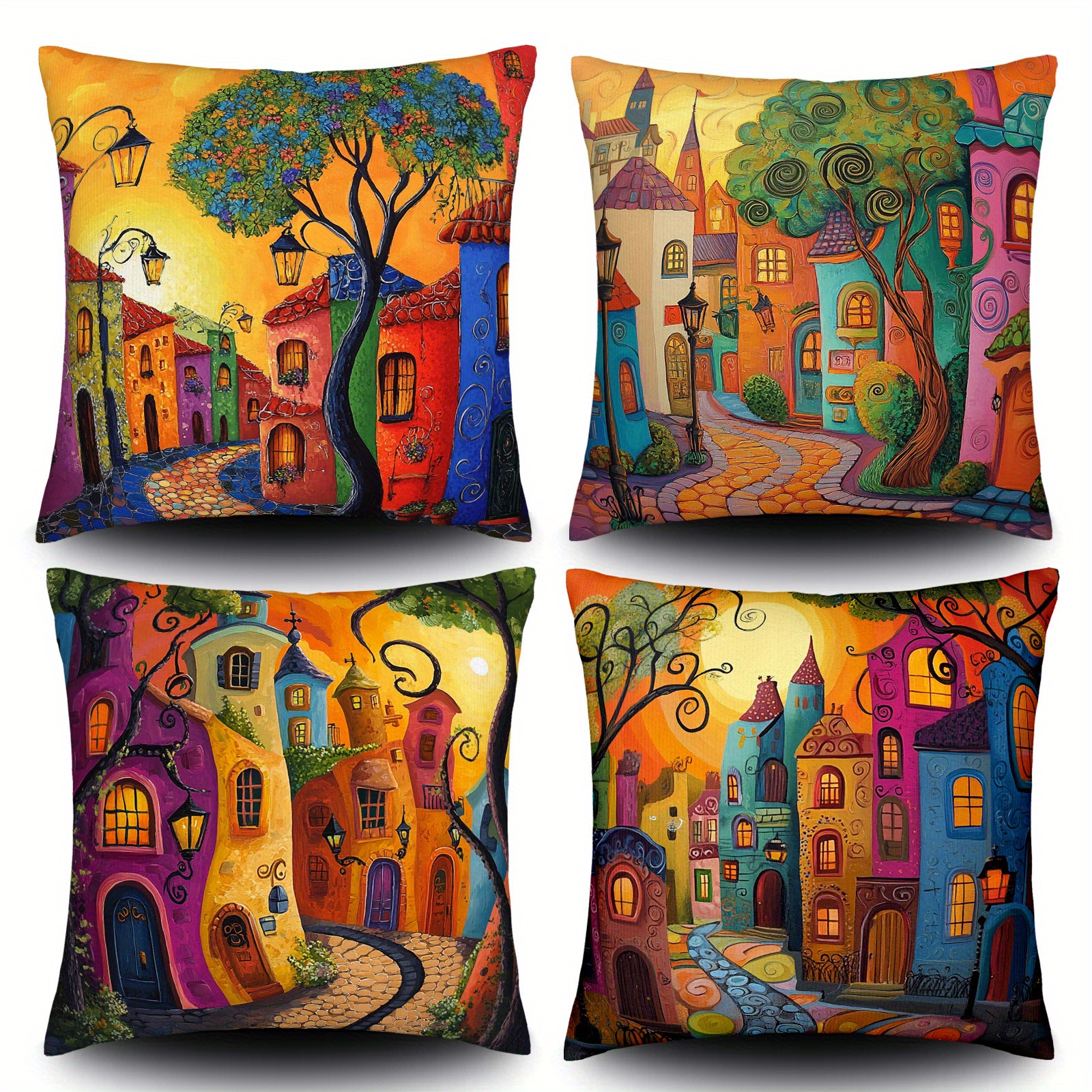 TEMU 4pcs Set, Town Pillowcase. A Colorful Fairy , Suitable As A Lumbar Cushion Cover. Available In 3 Sizes, Single-sided Print, No Pillow Insert