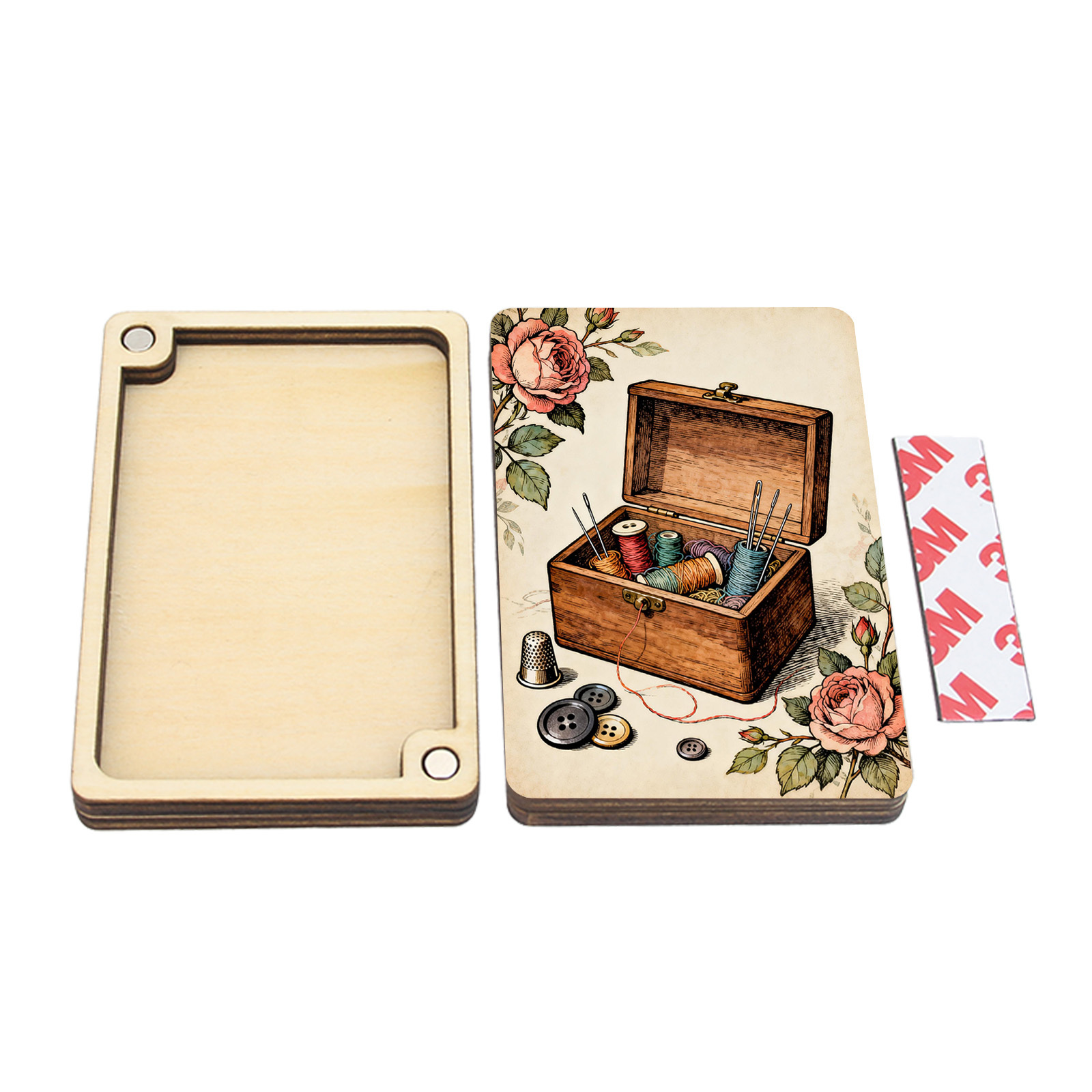 TEMU 1 Lot de Boîte de Rangement Carrée en Bois pour Aiguilles, Boîte de Rangement pour Aiguilles à Coudre, Boîte à Coudre Vintage avec Imprimé Rose,