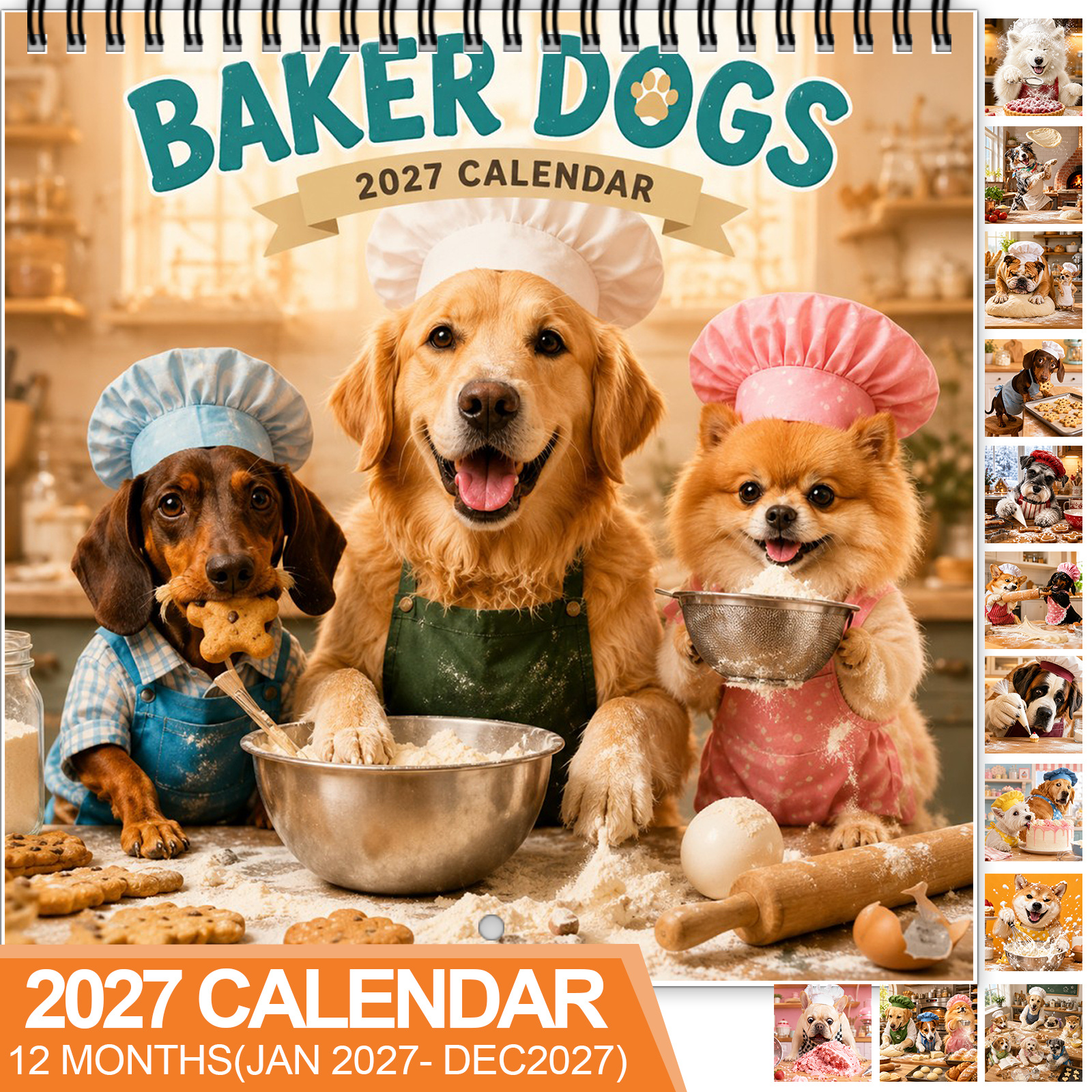 TEMU 1pc 2027 Funny Baking Dogs Wall Calendar - Spiral-bound 12-month Planner With Adorable Puppies Baking Cakes, & Cupcakes Suitable For Home Office
