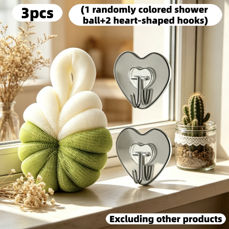 TEMU 3pcs Set: 1 Random Ball + 2 Heart-shaped Hooks. Pumpkin-shaped Bath Ball With A Double-layer That Resists Falling Apart. Double-layer Soft Mesh