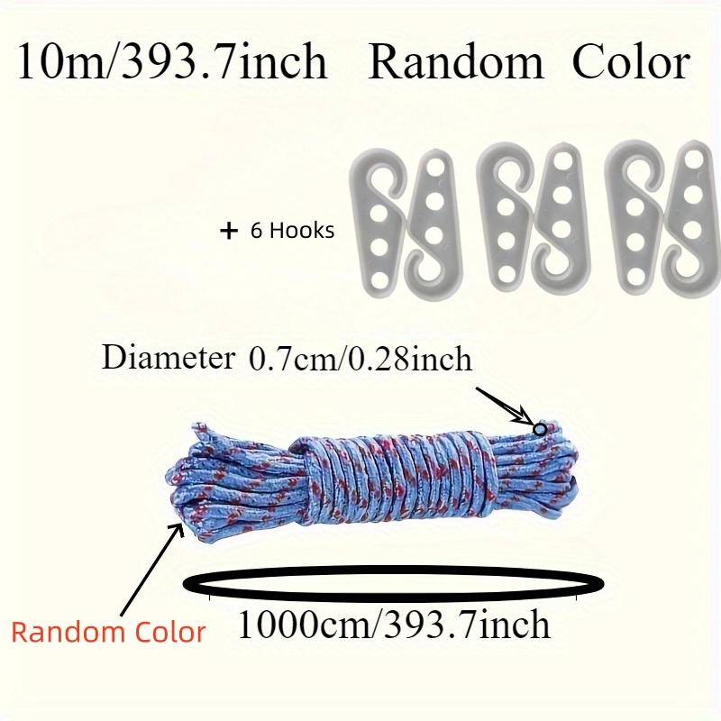 TEMU Ensemble de 7 pièces, corde en nylon de 10 m/393,7 po + 6 crochets, pour la fixation et le remorquage d'objets, accessoires de camping, corde à