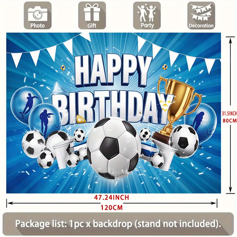TEMU 1pc Football Birthday Party Banner - Soccer Theme With Numbered Letters, Trophy & Footballs - Happy Birthday Trophy Center - Blue & Golden