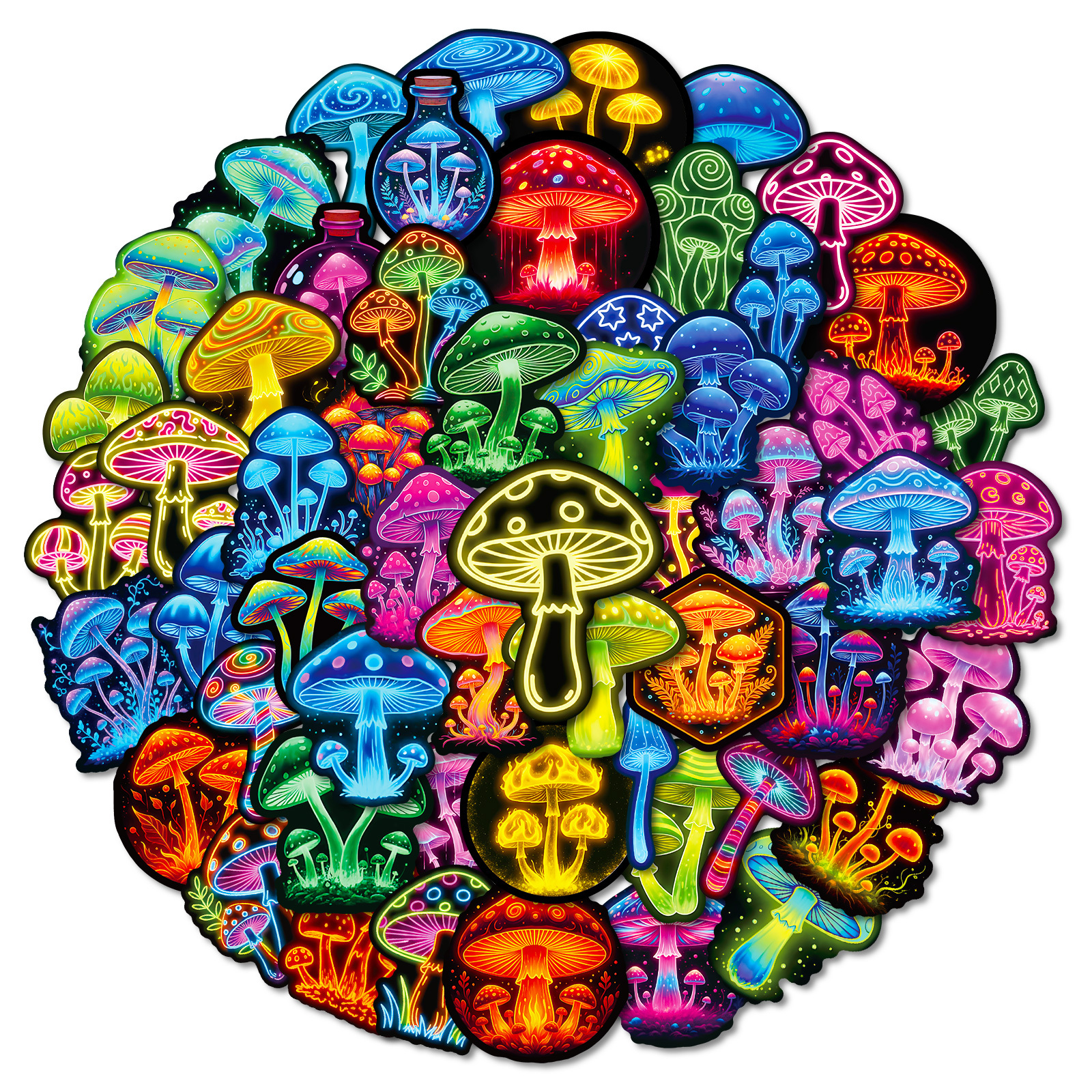 56pcs Neon Mushroom Stickers, Vibrant Mushroom Sticker Pack, Suitable For Laptops Water Bottles Decor