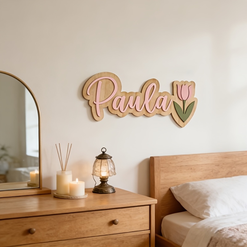 TEMU [Personnalisé] Plaque nominative personnalisée sur le thème des tulipes de 30 cm/11,8 pouces - une décoration florale en bois adaptée à la
