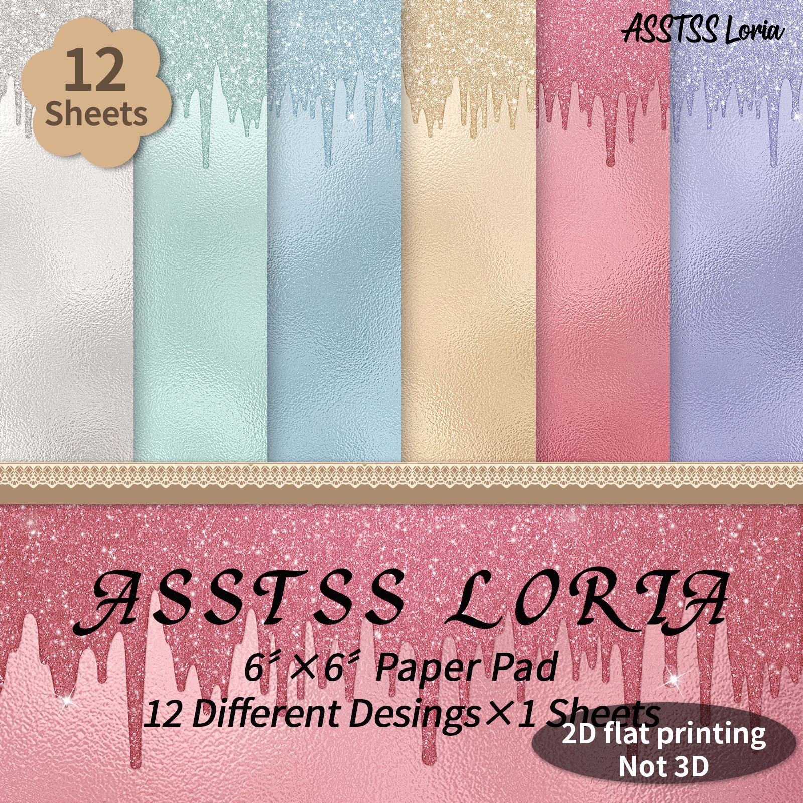 TEMU 12-sheet Asstss Loria 6x6 Inch Scrapbooking Paper Pad, Glitter On Metallic Foil Plane/2d Backing Paper Supplies, Heavyweight Cardstock For