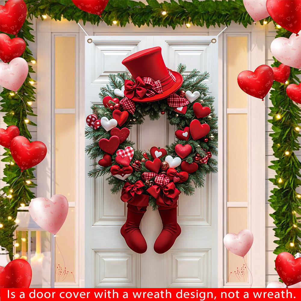 

1pc Valentine's Day Door Cover - Romantic 2d Wreath With Red Hearts, Wooden Door Design, Polyester, Wedding Anniversaries, Front Door Decor, And Home Celebrations, Valentines Decorations