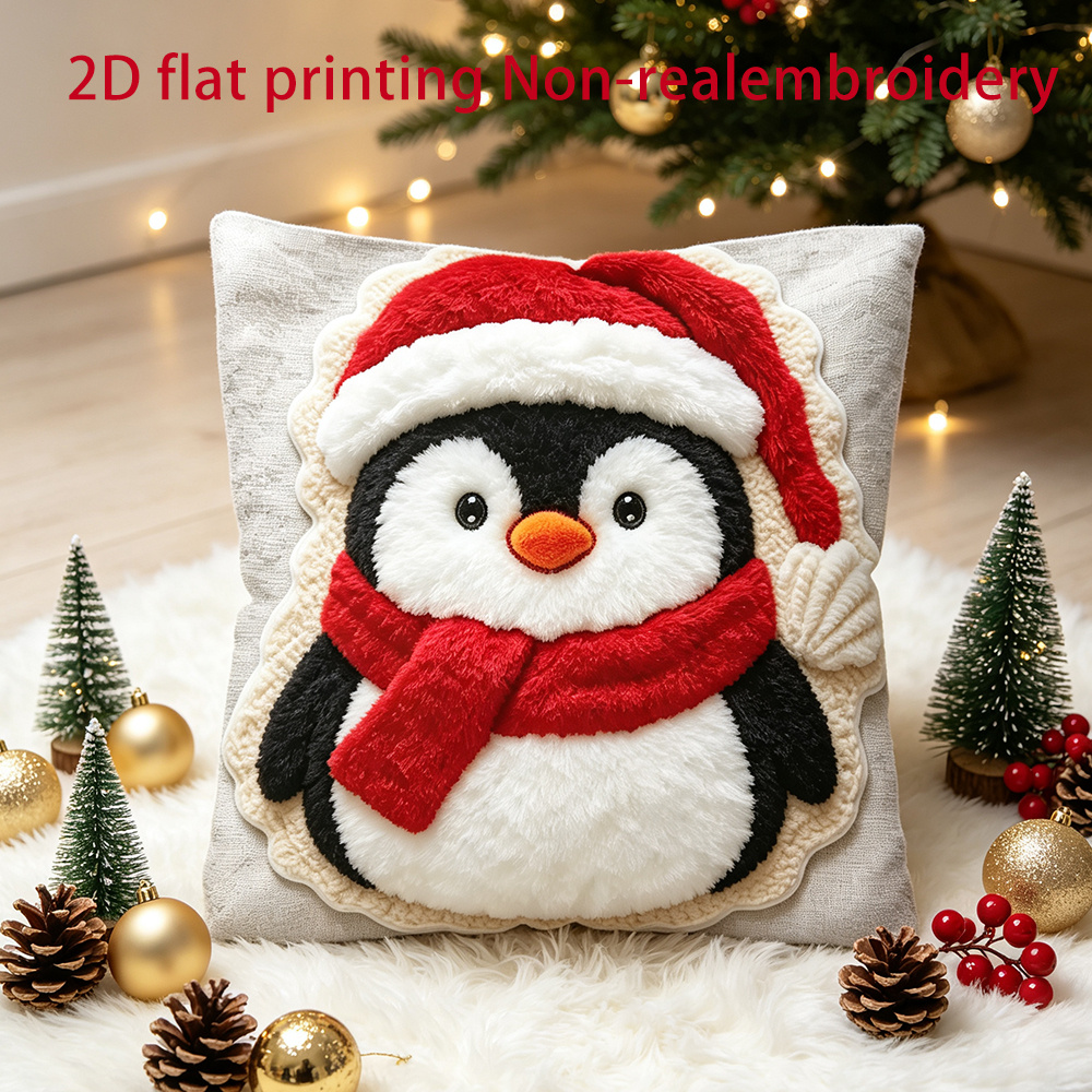 TEMU 2d Flat Printing, 1pc Winter Christmas Pillowcase, Single-sided Printed Fluffy Felt Style Santa Hat Penguin Pattern, Farmhouse Style Christmas