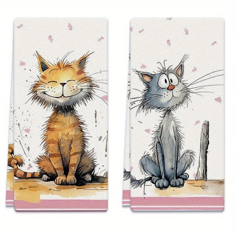Image of 2pcs Set Of Cat Patterned Absorbent Kitchen Towels With A Smiling Petal Background Made Of Microfiber Material, Suitable For , Cleaning, Outdoor Activities, Tea Party Decoration, And Household Items
