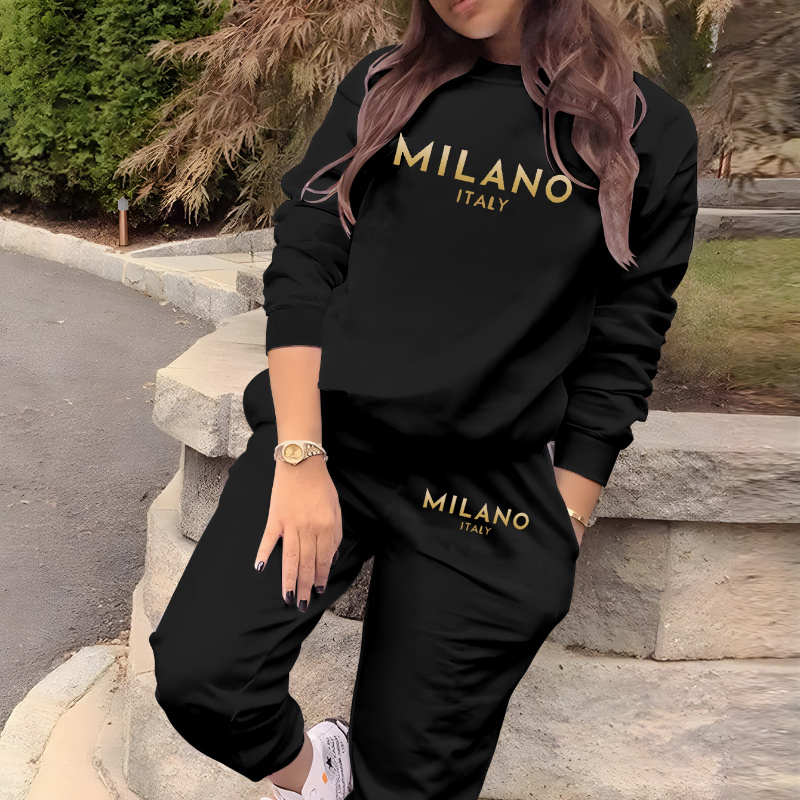 

Women's Casual Two-piece Set With Golden Gradient Letter Print From , Italy, Featuring A Pullover Round Neck And Sweatpants, Suitable For Autumn And Winter.