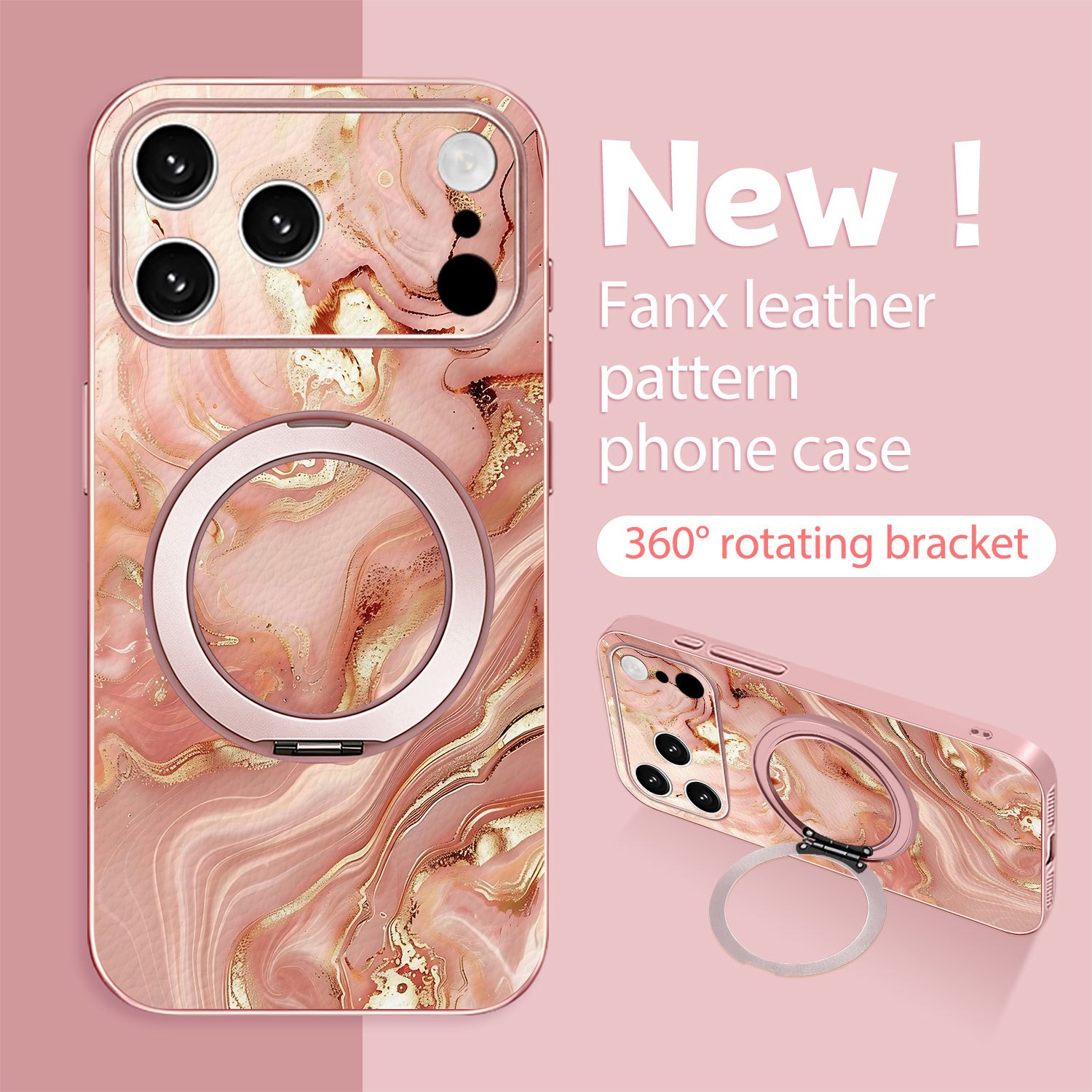 TEMU Phone Case: New Metallic Paint Synthetic Leather Phone Case With 360Â° Rotating Ring Stand, Gilded Marble Pattern For Iphone