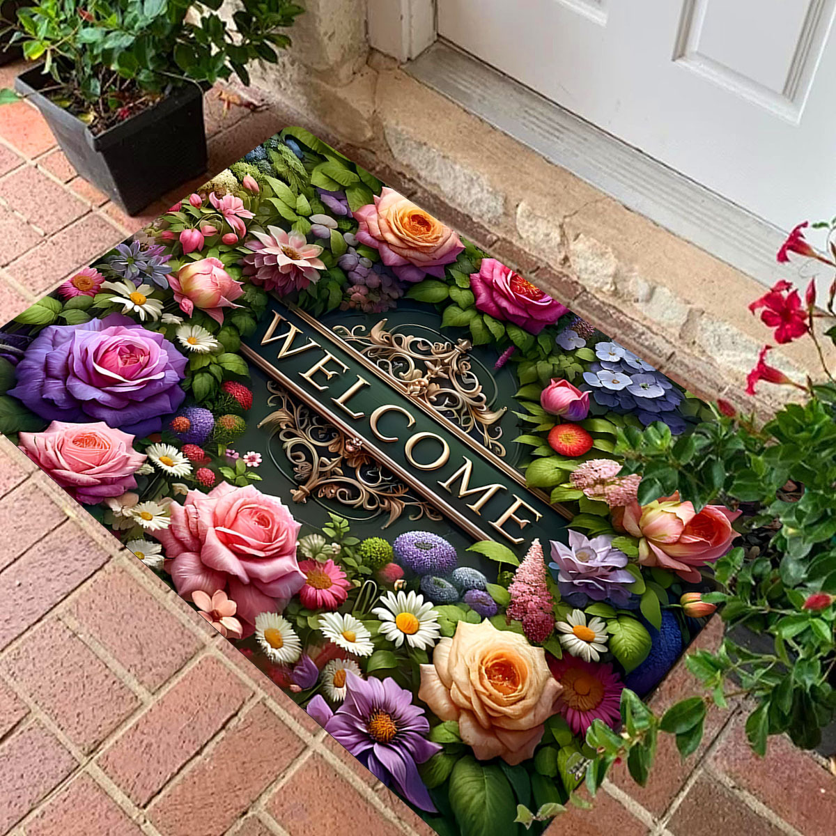 

Welcome Floral Doormat, Polyester Non-slip, Stain Resistant, Lightweight, Washable, Rectangular Entrance Mat With Indoor/outdoor, Christmas, Thanksgiving, Valentine's, Easter, Graduation