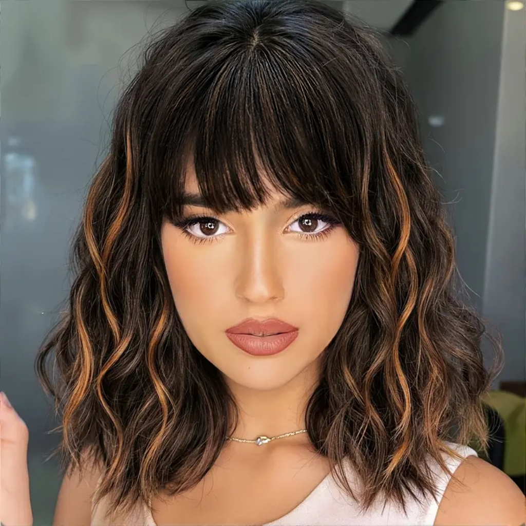 TEMU Synthetic Short Bob Wig In Black And Brown With Bangs, Featuring Wavy Curls, Designed For Women. It Looks Natural And From Heat- Fiber, Perfect For Casual Attire Or Parties