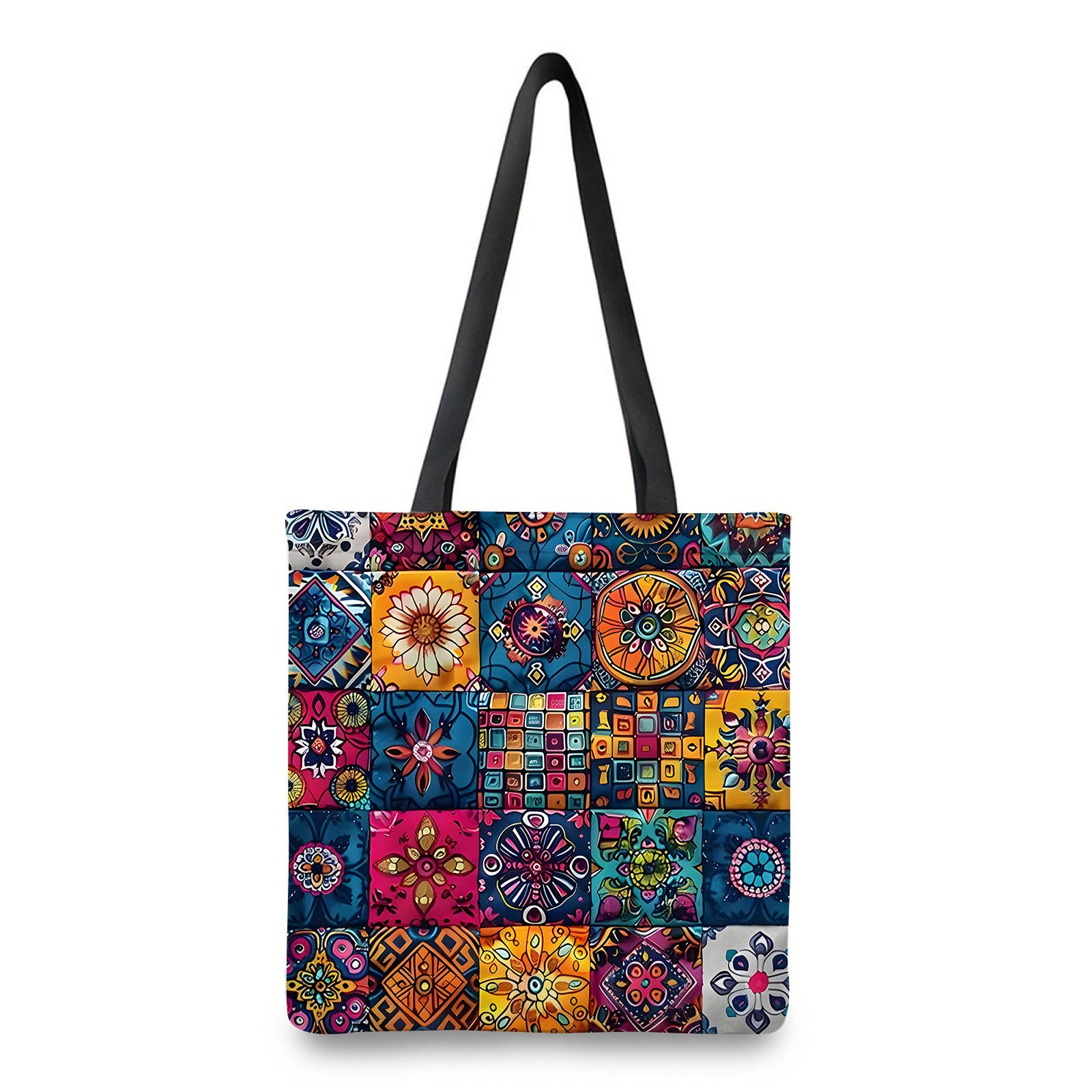 

1pc Vibrant Mandala & Floral Patchwork Tote Bag - Sturdy, Lightweight Polyester Shoulder Bag With Black Handles - Spacious & Machine Washable For Shopping, Travel, Daily Use - Ideal Gift For