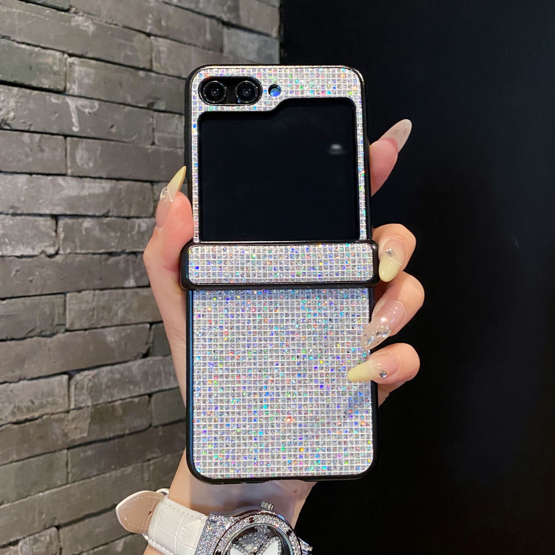 TEMU Phone Case - Chic Phone Cover For Flip Series, Showcasing An Elegant Design With Sparkling Sequins Lattice Pattern Compatible With Flip Series