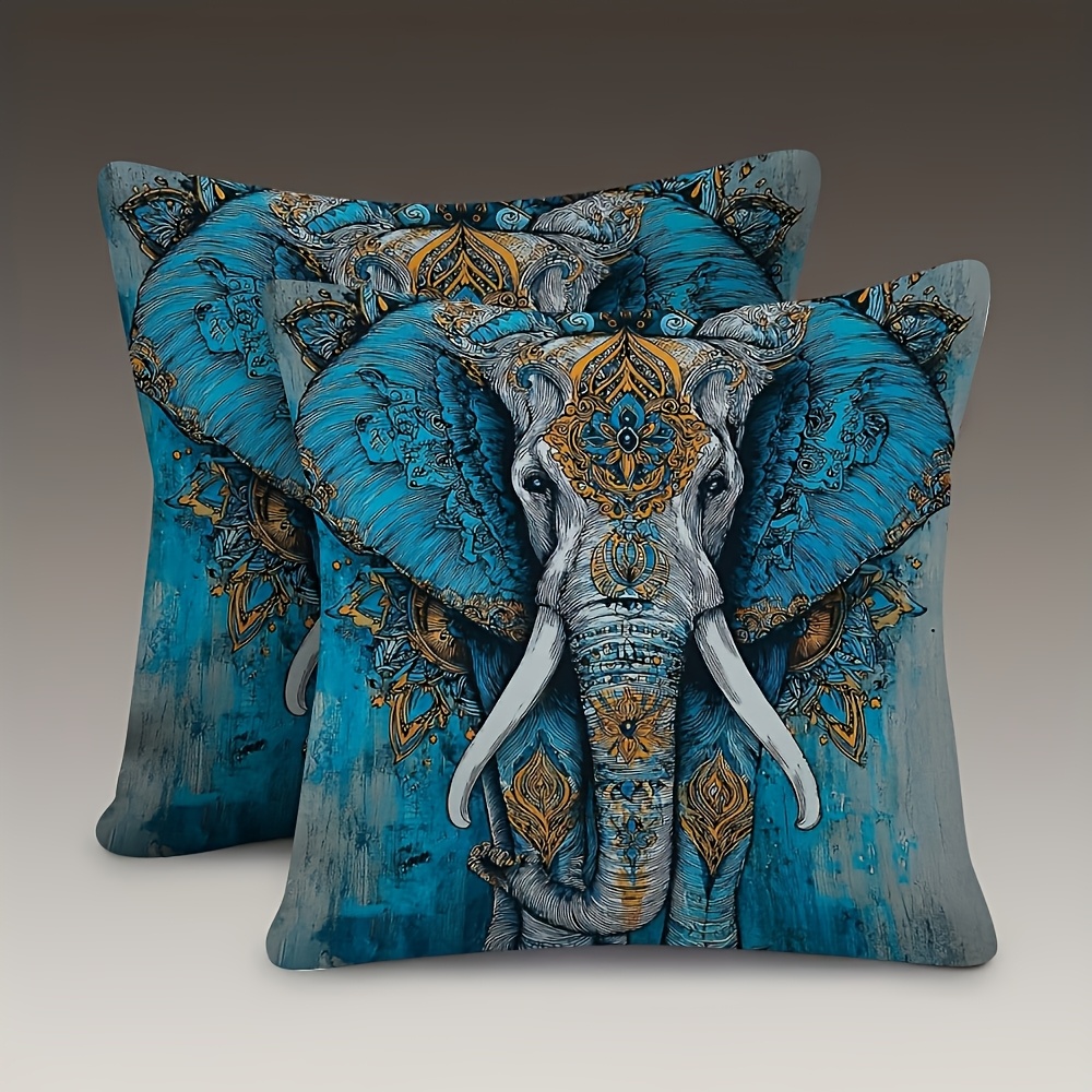 TEMU 2d Flat - 2pcs 2d Single-sided Printed Elephant Pillowcases, Blue Ethnic Style, Options, Material, Pillow Insert Not Included. Print Features
