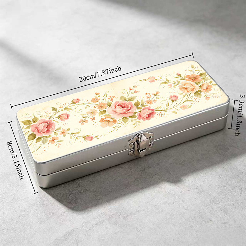 TEMU 1pc Cute Lockable Storage Box, Vintage Watercolor Pink Rose Floral Print, 20cm8cm, For Home Jewelry Stationery Organizing, Ideal Halloween
