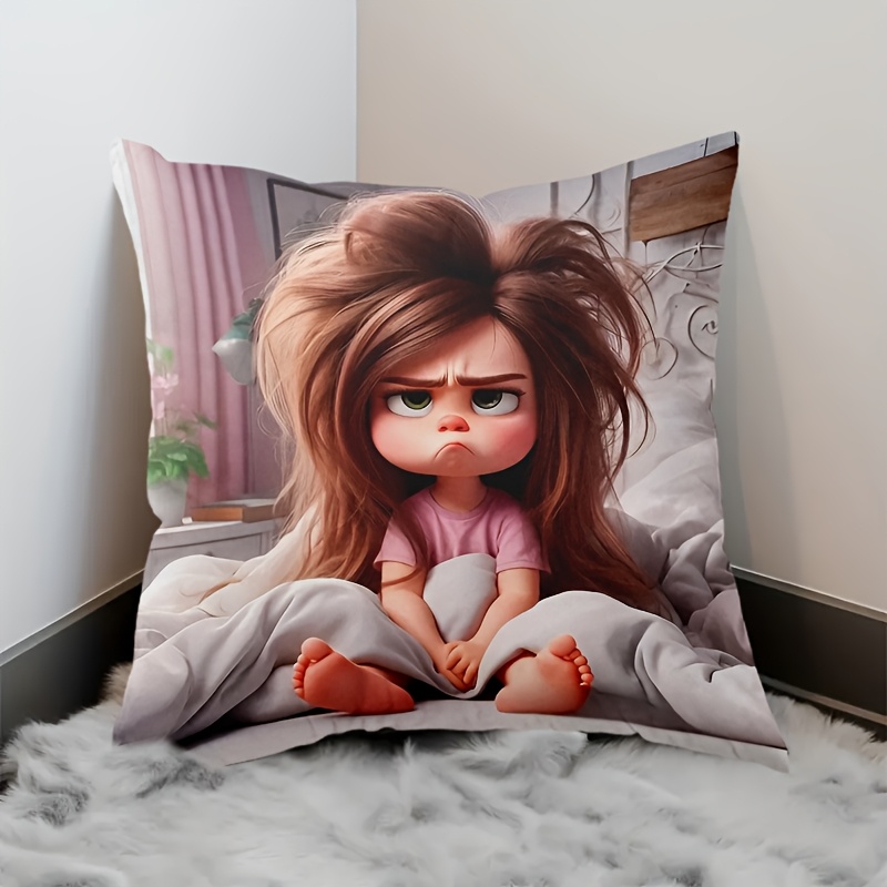 E-shop 1 Stück Weicher Lustiger Ausdrucksstarker Mädchen-Design Kissenbezug mit Reißverschluss, Einseitiger Druck, 18x18 Zoll, Kurzflor Kissenhülle,