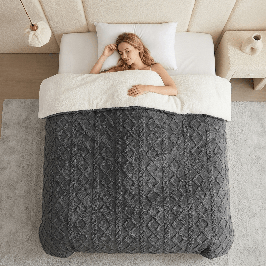 Image of Lightbeigefluffycomforter Softpolyesterfabricpremiumthickblanketforautumnwinterbedroom.