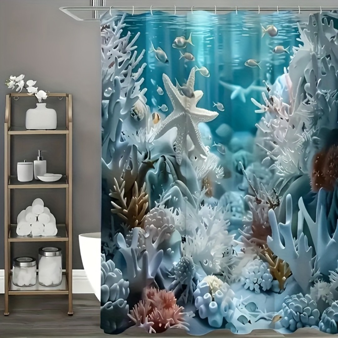 TEMU 2d Flat, 2d Curtain 1pc, Blue Starfish Shower Curtain, Comfortable, Multiple Sizes , Bathroom Makeover, An Elegant , Builds A Warm And Relaxing