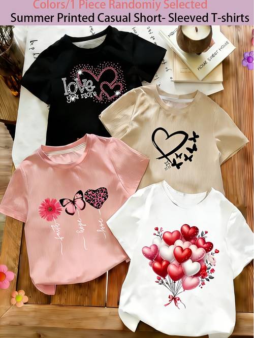 4pcs t shirt set random summer t shirt cute summer short sleeve t shirts girls fashionable cartoon heart print t shirts soft and comfortable casual tops casual attire for teenager