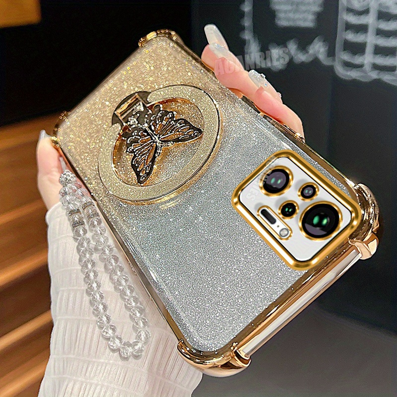 TEMU Phone Case: Note10pro Folding Stand Holder With Transparent Lanyard Chain And Luxury Plating Gradient Glitter Shockproof Protection Case For