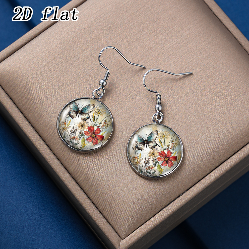 Round Stainless Steel Blue Butterfly Floral Pattern Earrings