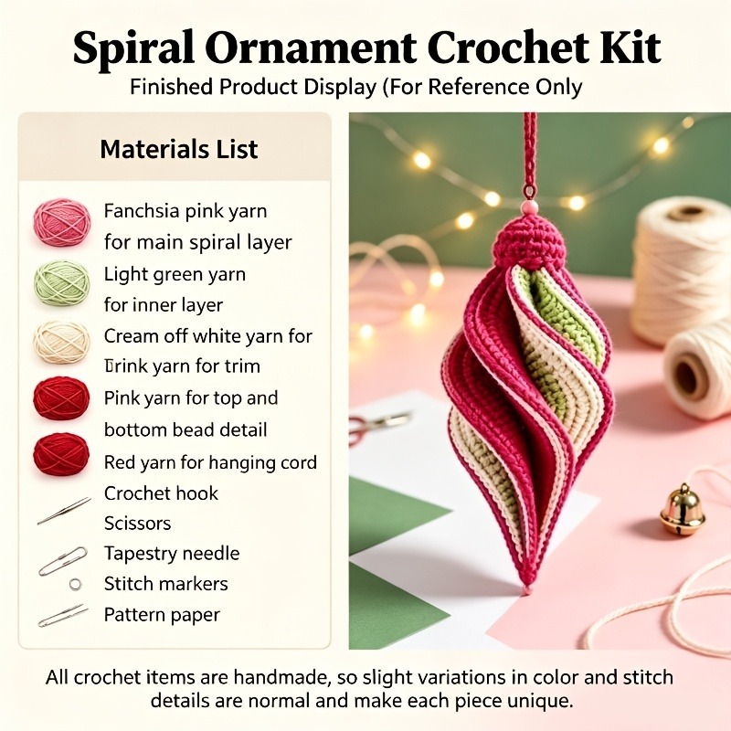 Image of Christmas Spiral Textured Ornament Crochet Material Bag, Holiday Hanging Decor, Beginner Handcraft Material Bag, Christmas Tree Decoration, Handmade Seasonal Keepsake, Crochet Project