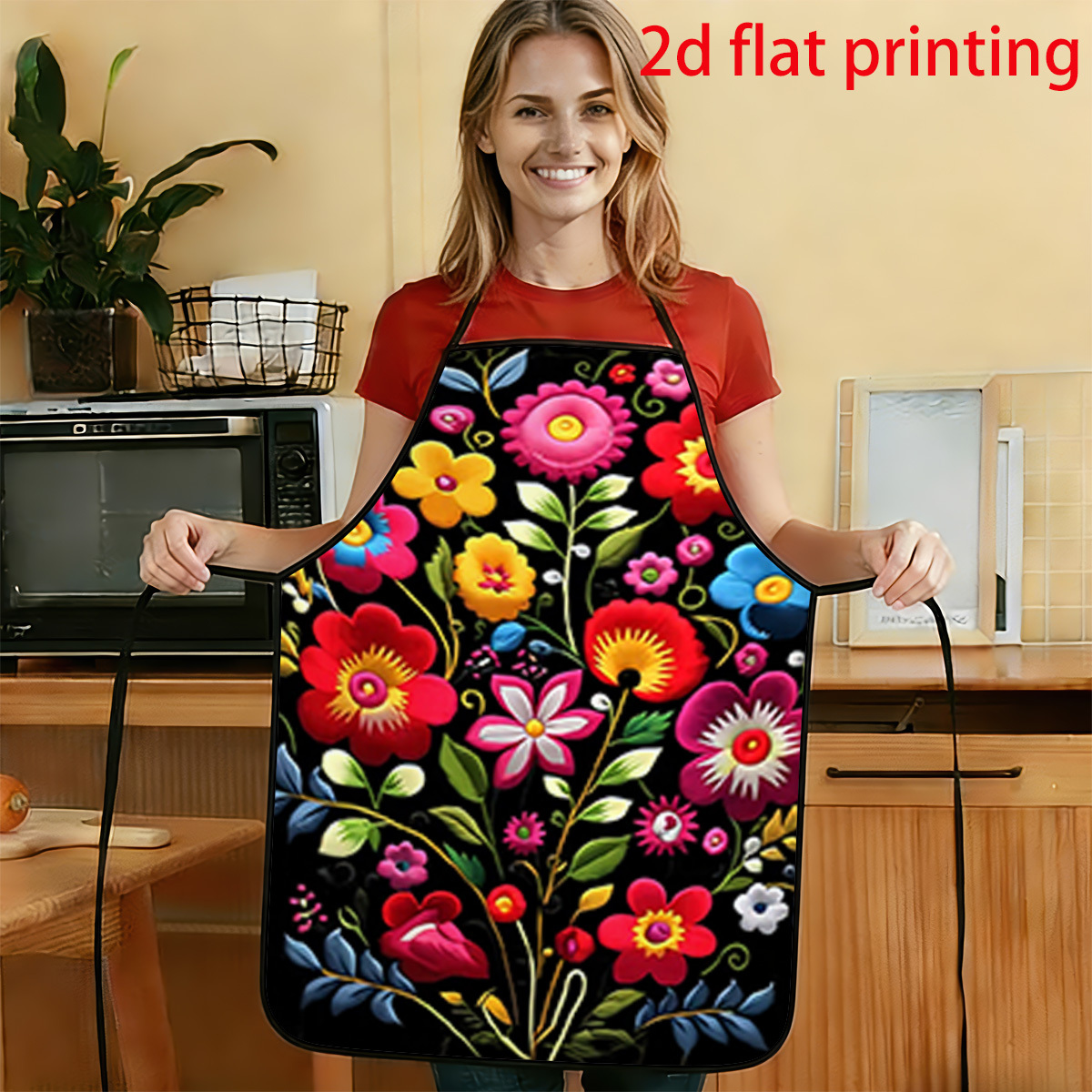 TEMU 1pc 2d Flat Colorful Floral Pattern Printed Apron, Durable And Easy To Clean, With An Adjustable Waistband, Available Sizes: 23.6inch*31.4inch
