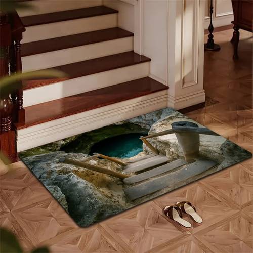 3d optik i̇llüzyon derin çukur taş basamaklı paspas - kaymaz, uzun ömürlü polyester mat, görsel fantazi efektleri, yüksek kaliteli baskı ve makinede yıkanabilir | girişler, banyolar, yatak odaları, oturma odaları ve yoga için i̇deal