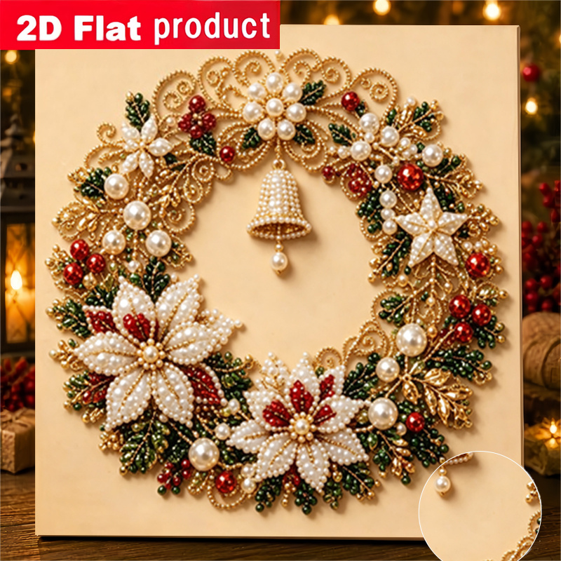 TEMU Nuovo Kit Pittura Diamante con Stampa Piatta 2D/Perla con Design a Natalizia e Campana, Adesivo Strass Fai da Te con Strumenti e Sacchetti di
