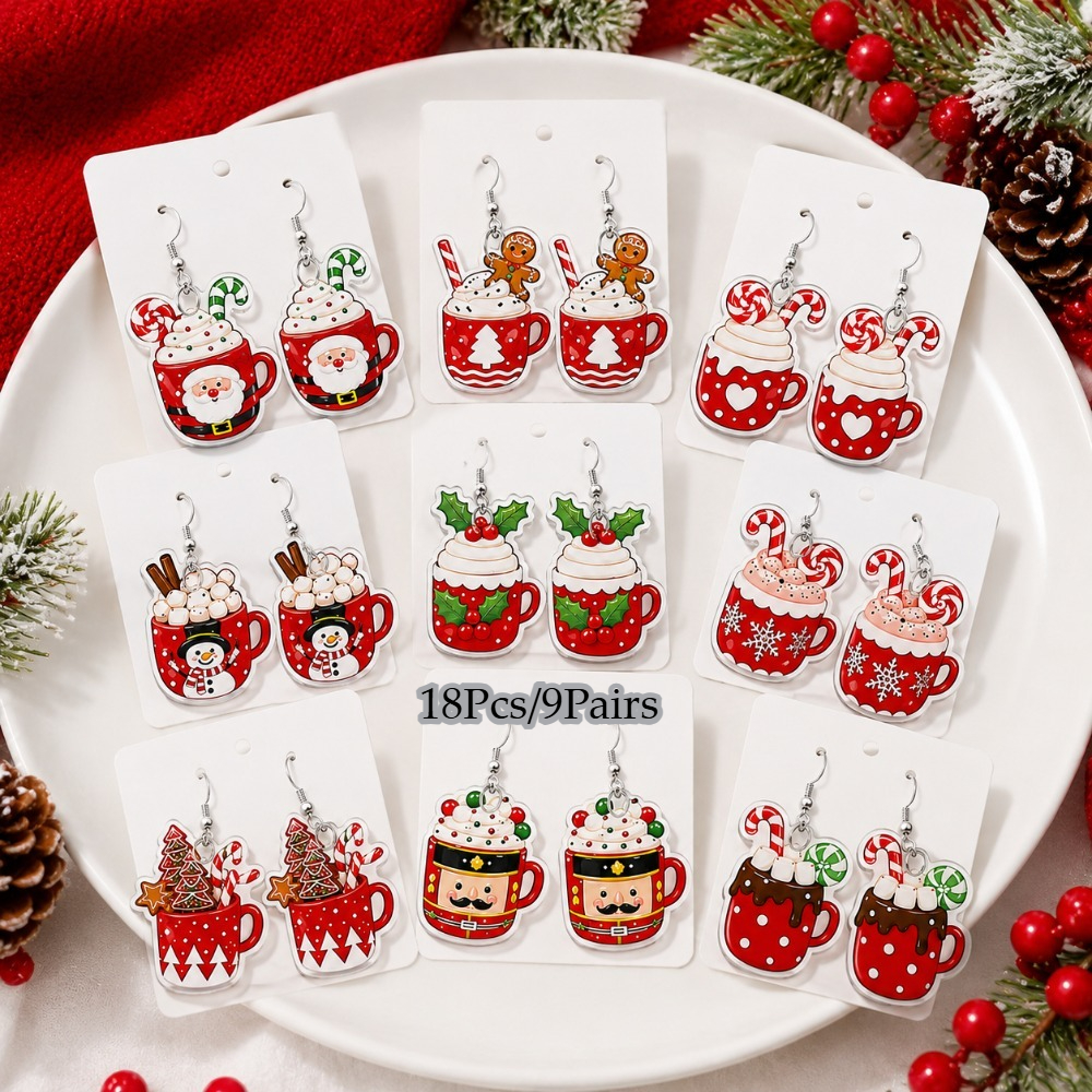 TEMU 18pcs/9 Pairs Double-sided Printed Acrylic Christmas Earrings Women's Style, Men's Theme Jewelry With And Gingerbread Man Patterns, Cute