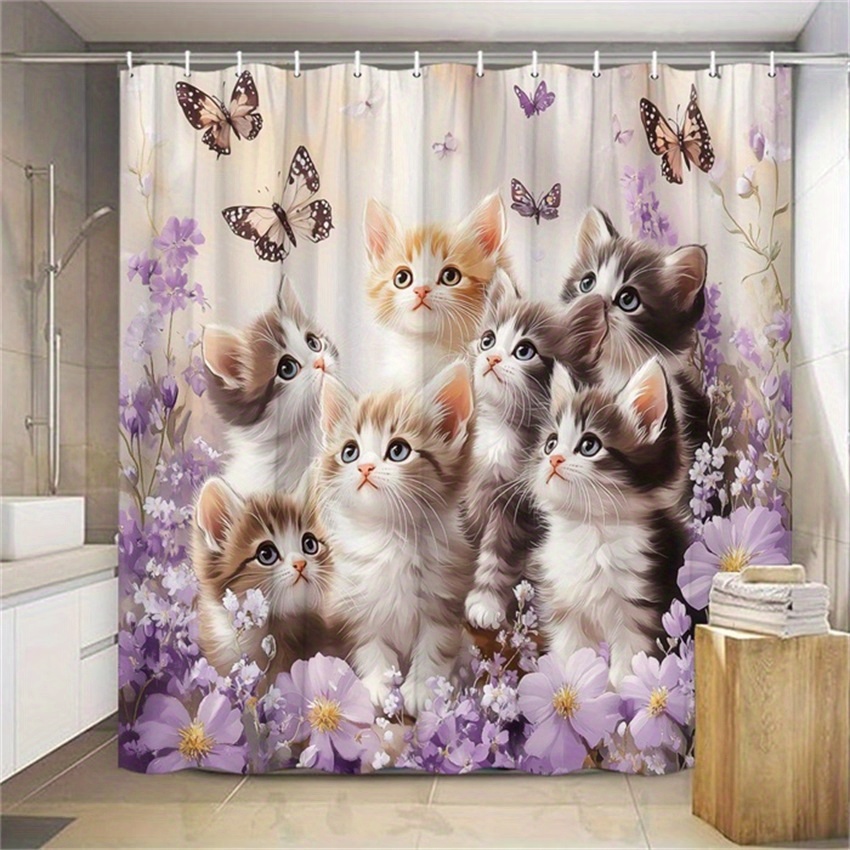 TEMU 1pc Adorable Tabby Cats & Purple Flowers Shower Curtain - Durable Polyester, With Hooks Included - Whimsical Accents For Modern Bathroom Decor,