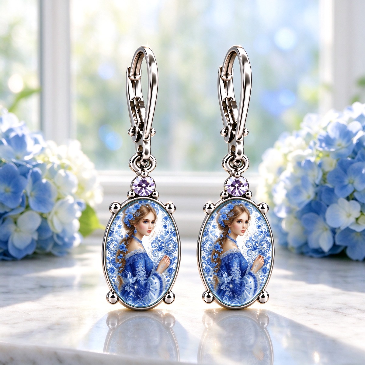 Women's Blue & White Portrait Pattern Hanging Earrings, Floral