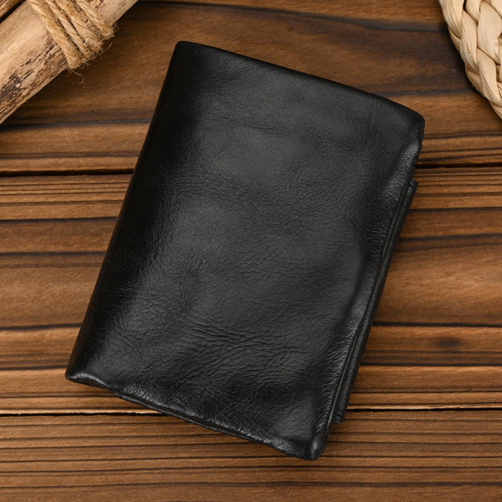Image of Short Leather Men's Wallet With Coin Pocket Black Top-grain Cowhide Card Holder With Multiple Card Slots Use And An Ideal Gift For Birthdays And Anniversaries