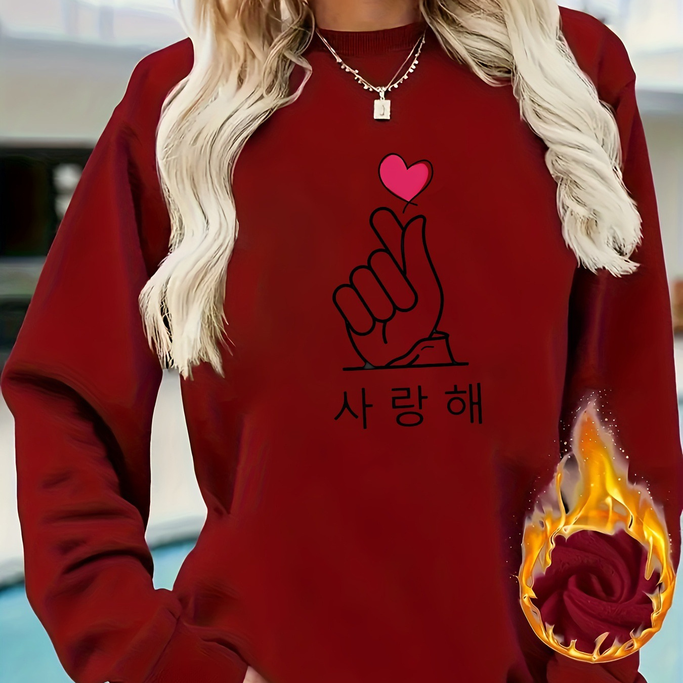 

Women's Cozy Fleece-lined Sweatshirt Gesture & Korean Letter Print - Casual Crew Neck Pullover