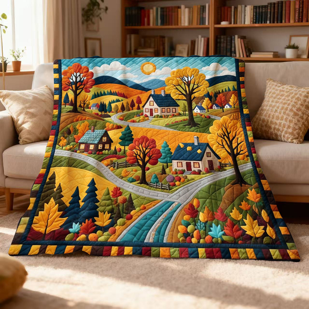 TEMU 1pc Of 2d Vintage Village Soft Flannel Throw Blanket, Suitable For Camping, Travel, Home Decoration- Machine Washable, Comfortable For , Modern