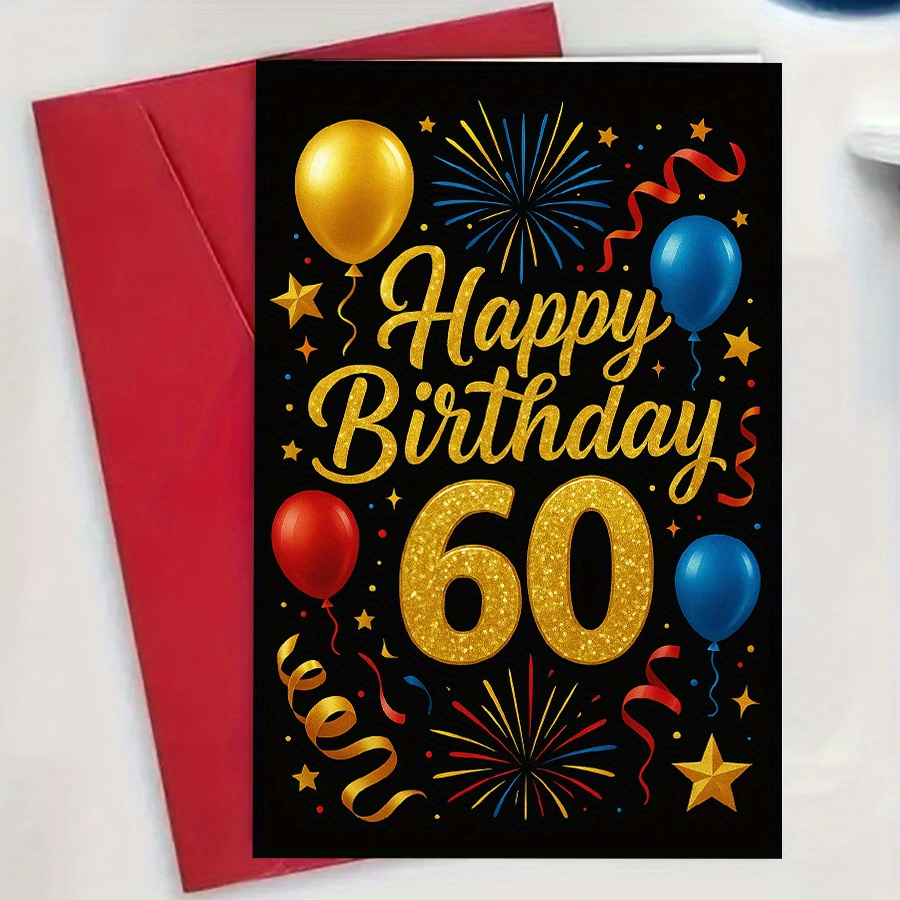 Image of 1 Elegant Birthday Card With Balloon And Firework Design — A 60th Birthday Party Decoration Set Designed For Family, , And , Including An Envelope And Greeting Card
