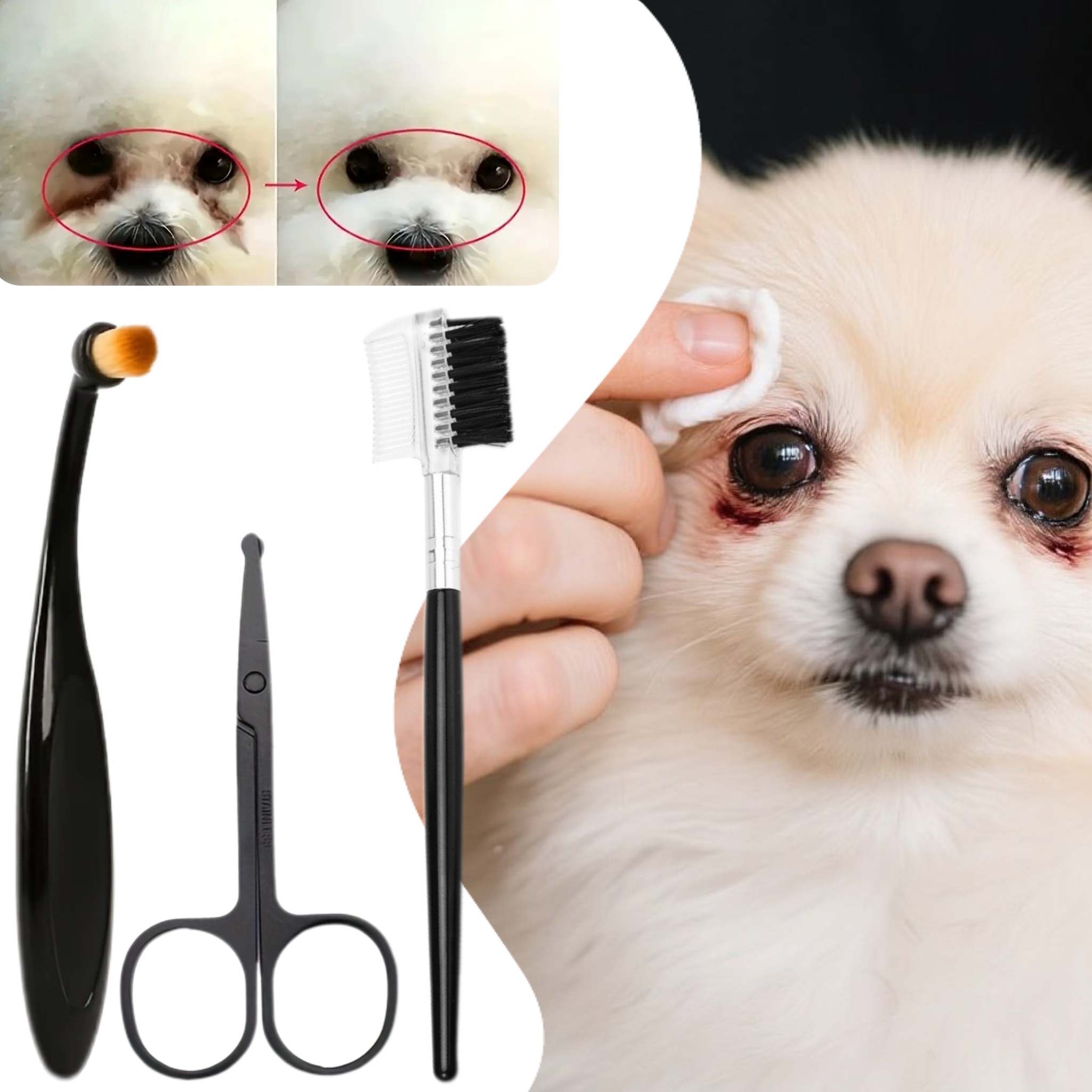 TEMU Cat And Dog Eye Care Tool Kit - Round-tipped Stain Hair Trimming Scissors + Double-row Comb + Tear Stain Brush, Detachable And Washable Set, Reusable, Essential For Pet- Families